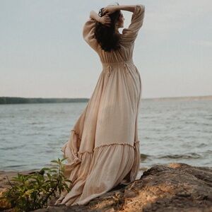 NWT Reclamation Ruffle Me Right Up Gown Fits Size Small-2X
Color: Beige